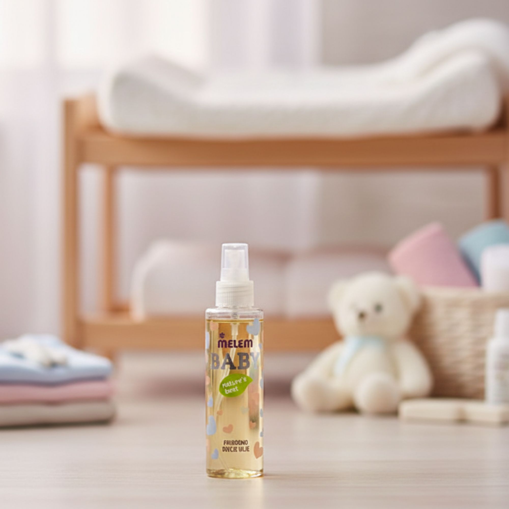 Une bouteille d'huile pour bébé Melem sur une table. Table à langer et jouets en arrière-plan. Le nom de la marque est visible.