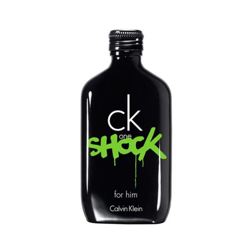 Zwarte fles met witte "ck one SHOCK" en groene tekst. "for him" en "Calvin Klein" eronder.