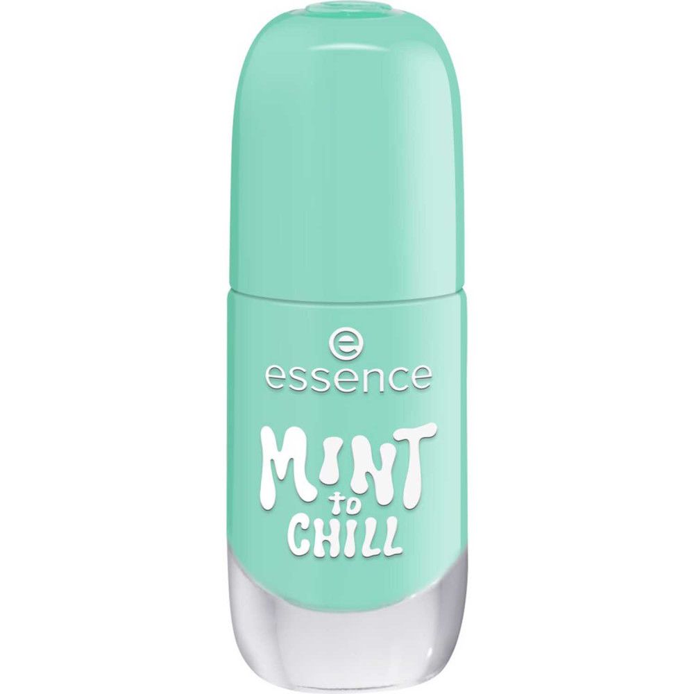 Flacon de vernis à ongles turquoise avec bouchon fermé. Inscription "essence MINT to CHILL".