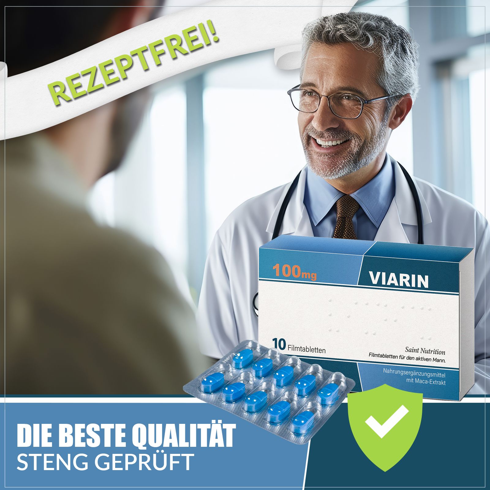 Médecin montre boîte et plaquette de Viarin® avec comprimés bleus. Texte: Sans ordonnance, La meilleure qualité, rigoureusement testé.