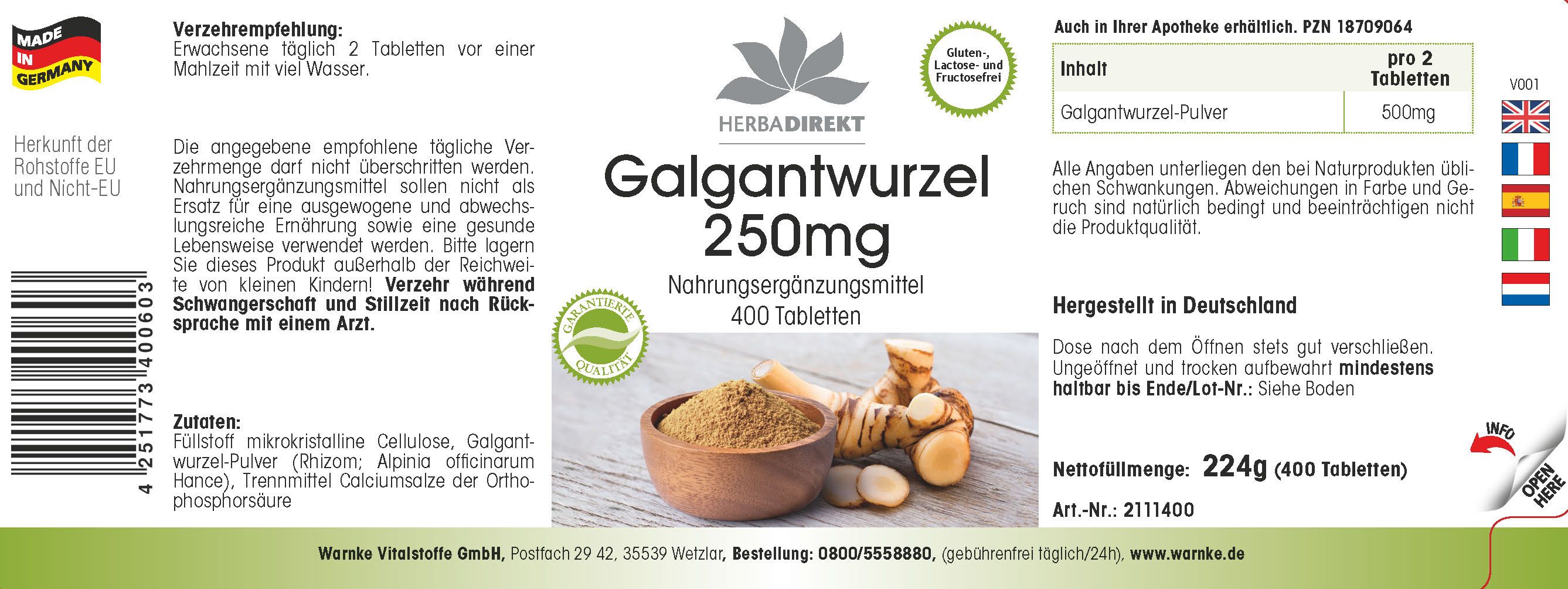 Étiquette avec informations produit. Inscription: Galgantwurzel 250mg, 400 comprimés. Logo: Herbadirekt. Illustration: Galanga et poudre.
