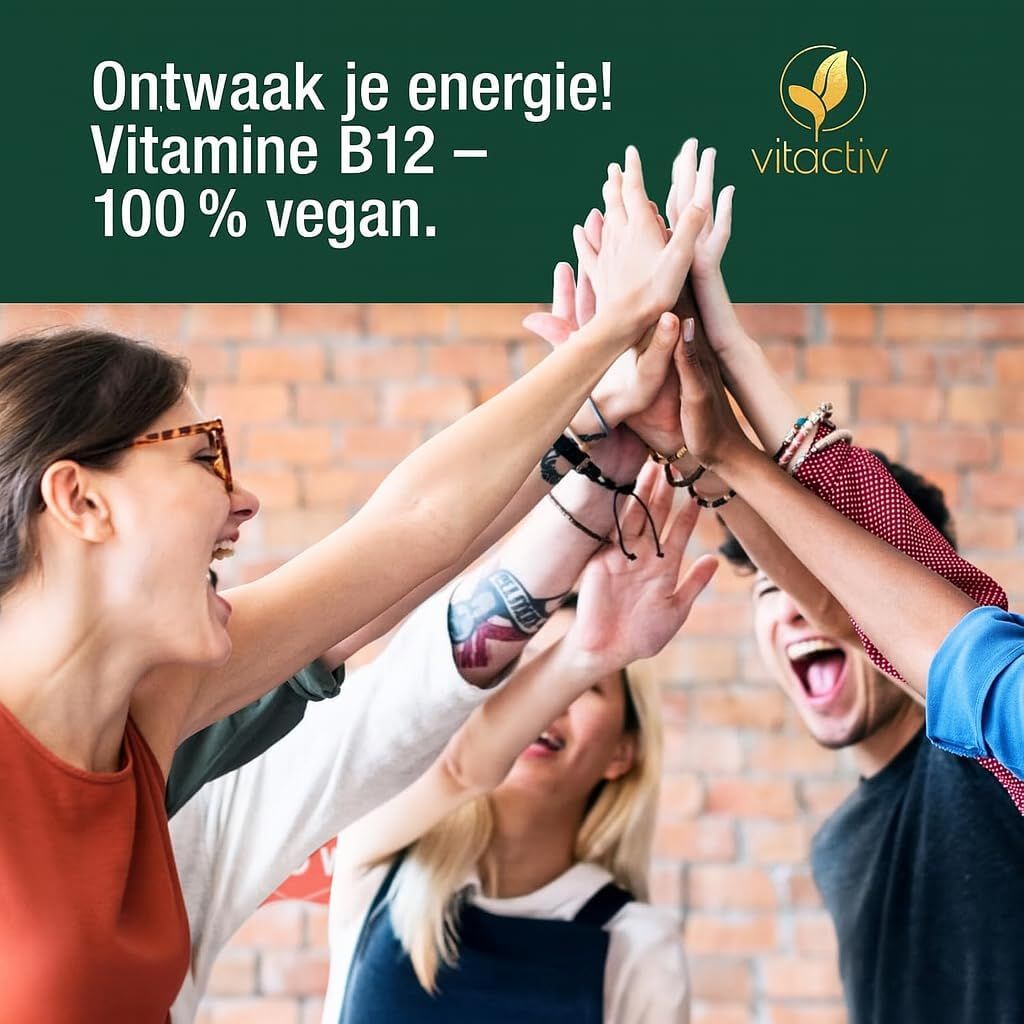 Donkerbruine glazen fles met goudkleurig deksel, etiket met vitactiv logo, vegan Vitamine B12, 500 µg methylcobalamine en hoge biologische beschikbaarheid.
