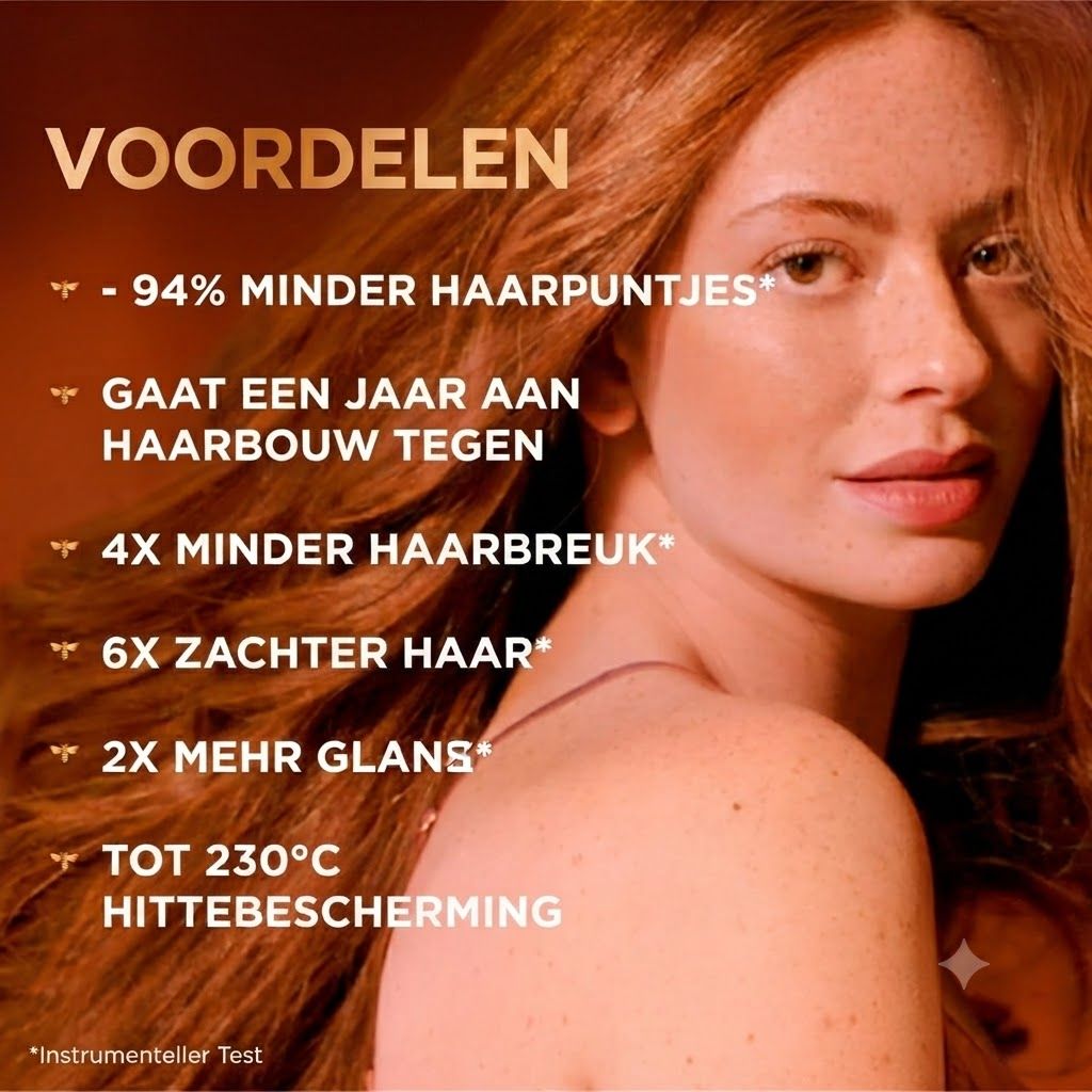Vrouw met lang haar, voordelen: 94% minder gespleten punten, 1 jaar haaruitvalpreventie, 4x minder haarbreuk, 6x zachter haar, 2x meer glans, hittebescherming tot 230°C.