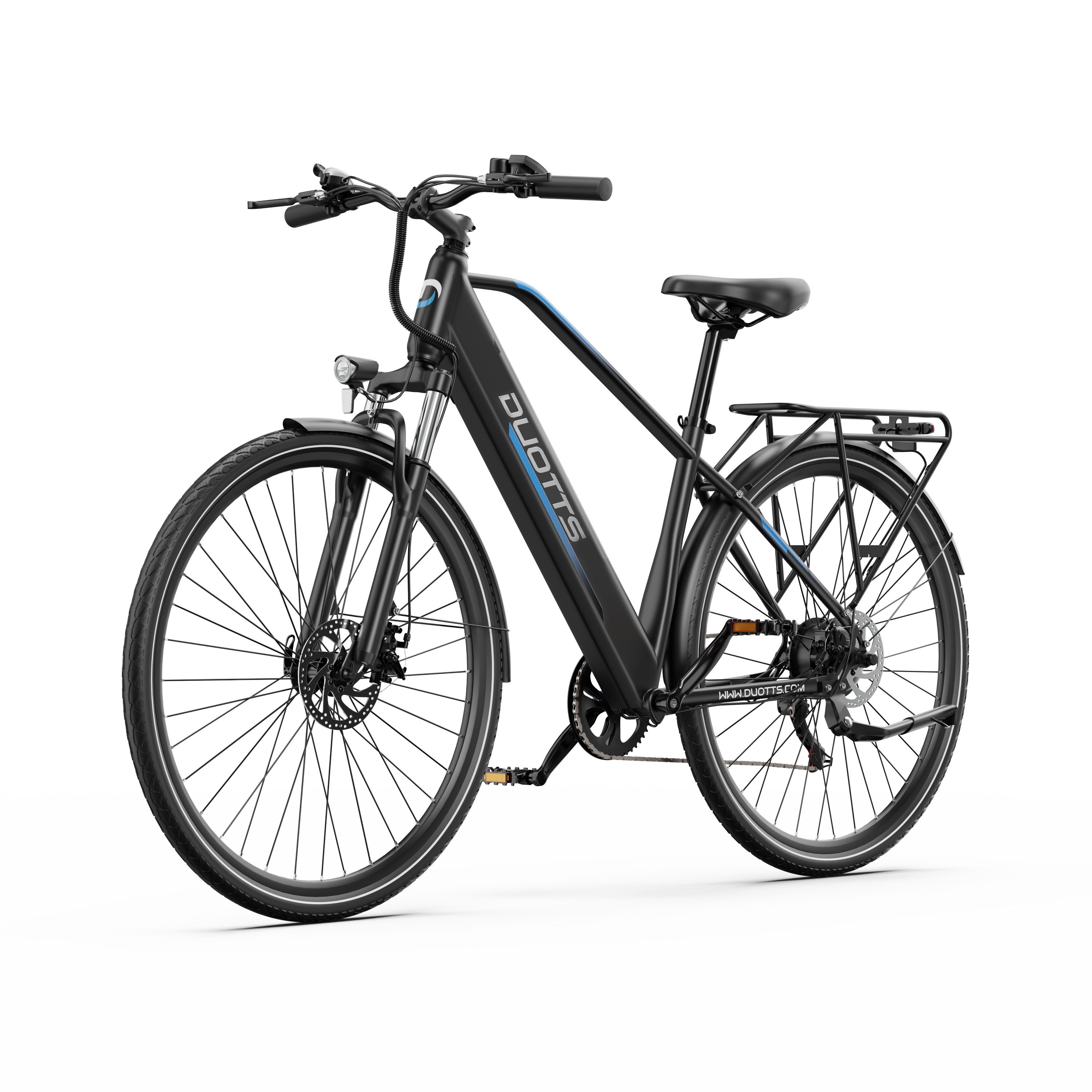 Vélo électrique DUOTTS C29Lite noir. Phare avant, porte-bagages, freins à disque. Détails bleus sur le cadre.