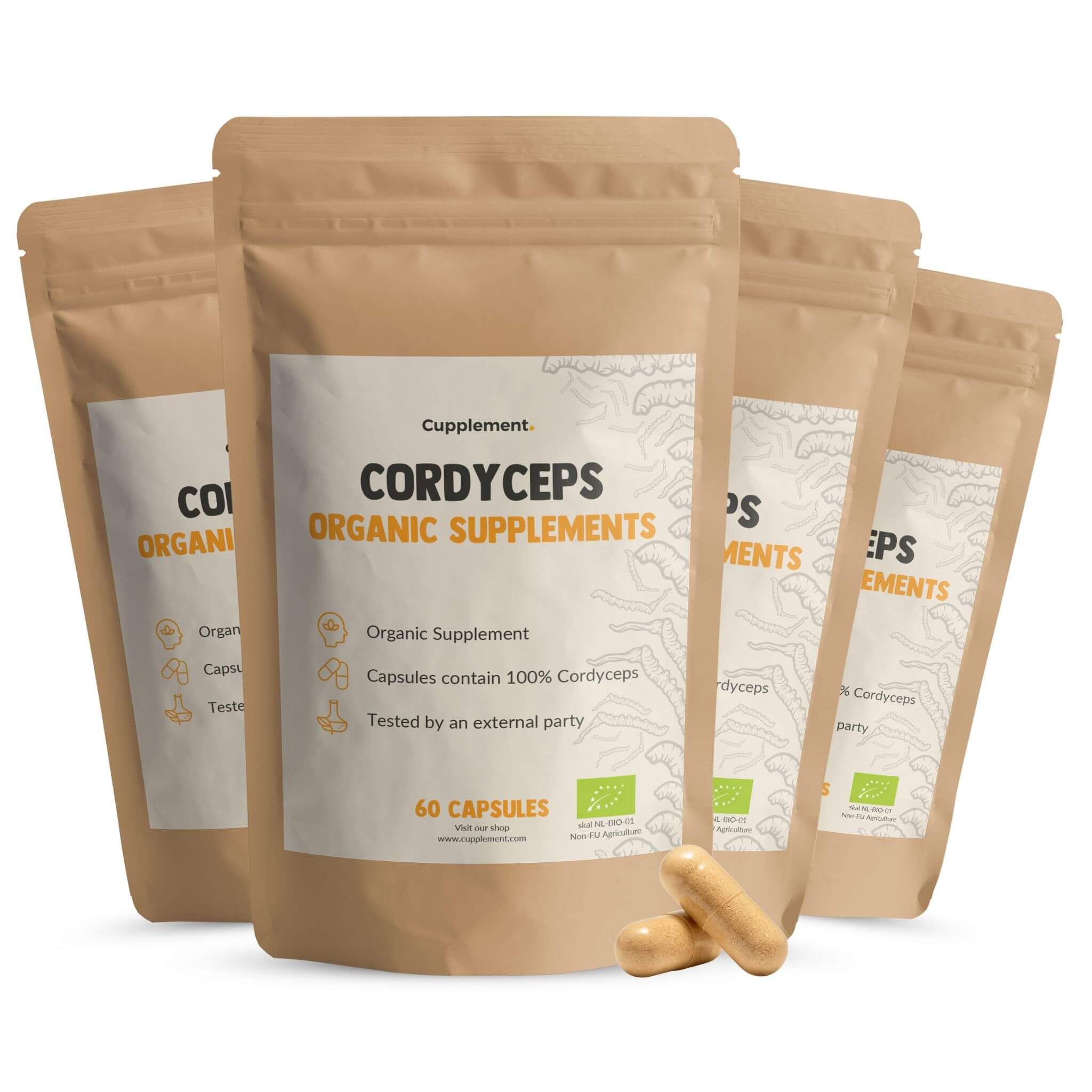 Plusieurs sachets de gélules de Cordyceps. Inscription : Cordyceps Organic Supplements. 60 gélules. Gélules brunes à côté.