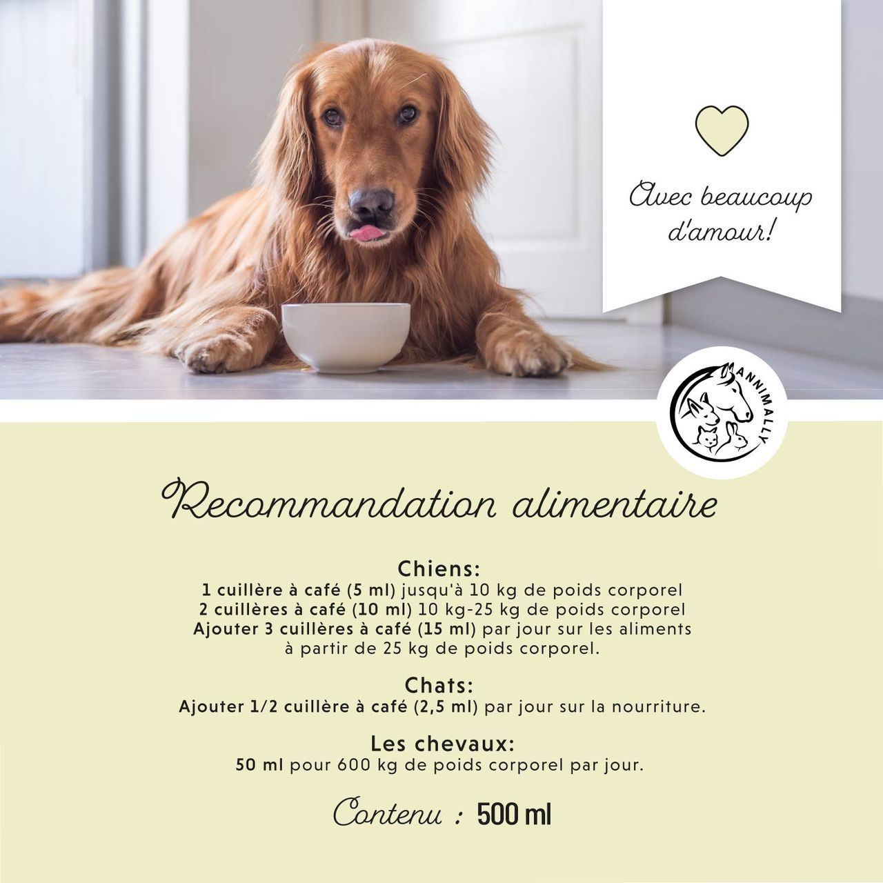 Chien avec gamelle. Recommandations alimentaires pour chiens, chats et chevaux. Contenu : 500 ml.