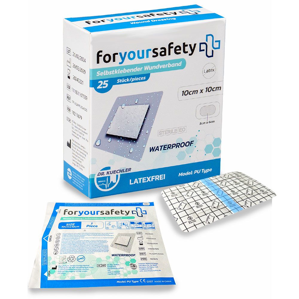 Boîte de 25 pansements 10x10cm. Inscription: foryoursafety, imperméable, sans latex, stérile.
