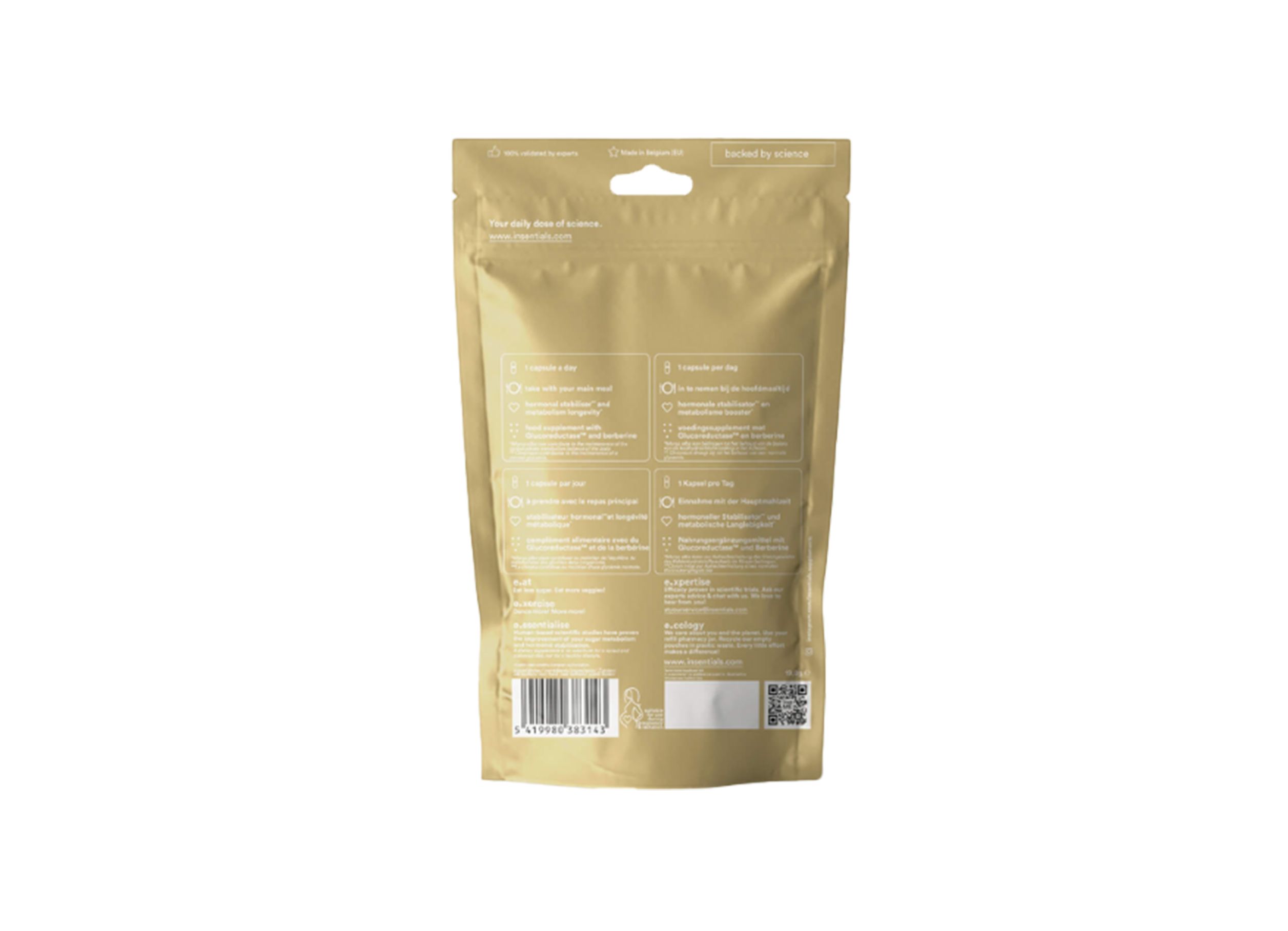 Achterkant van een goudkleurig zakje. Tekst in meerdere talen. Barcode en QR-code zijn zichtbaar.