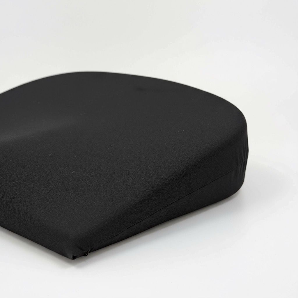 Coussin de siège noir en forme de coin. Dessus arrondi, dessous plat. Housse en tissu.