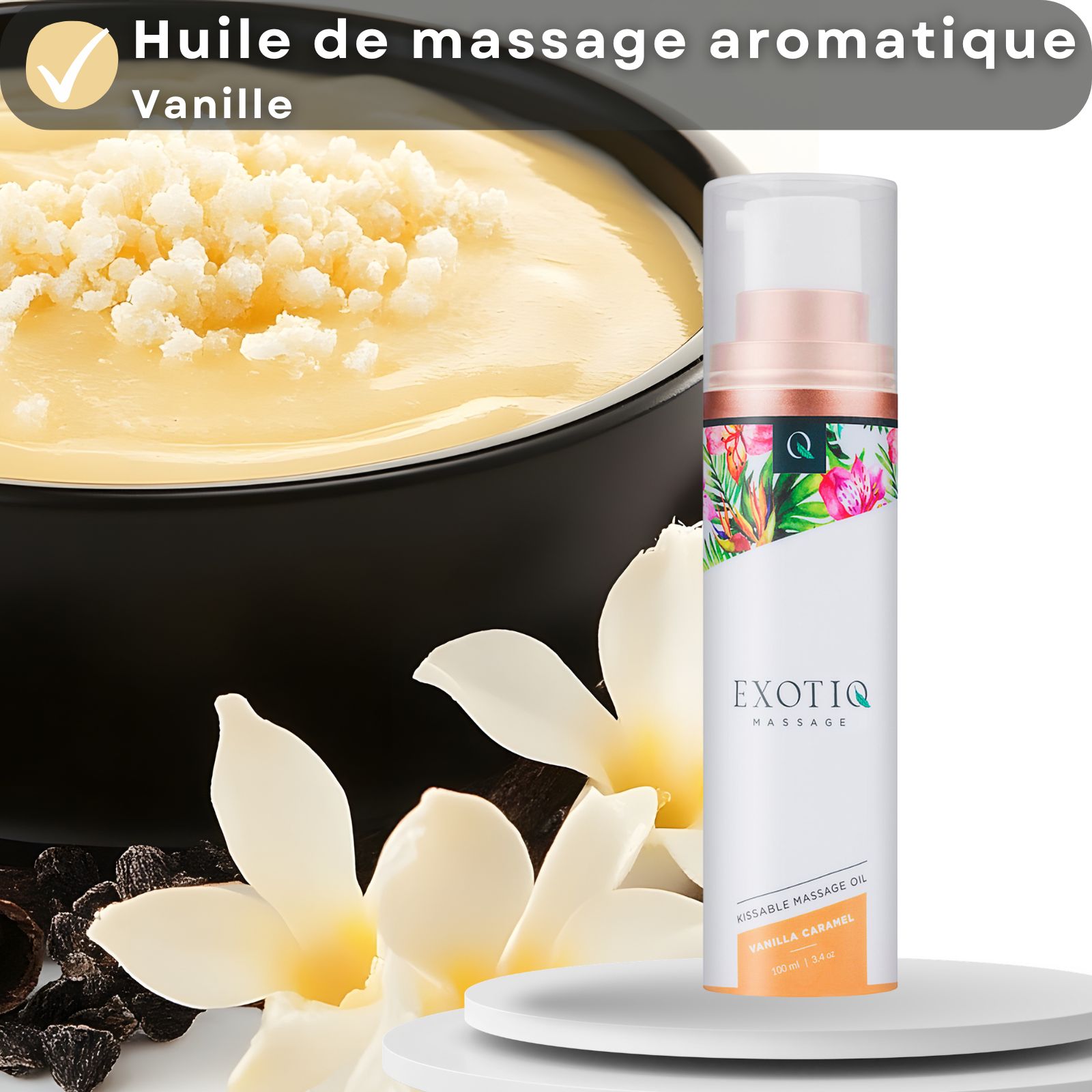 Produit avec texte: Huile de massage aromatique Vanille. Dessert à la vanille et flacon d'huile de massage.