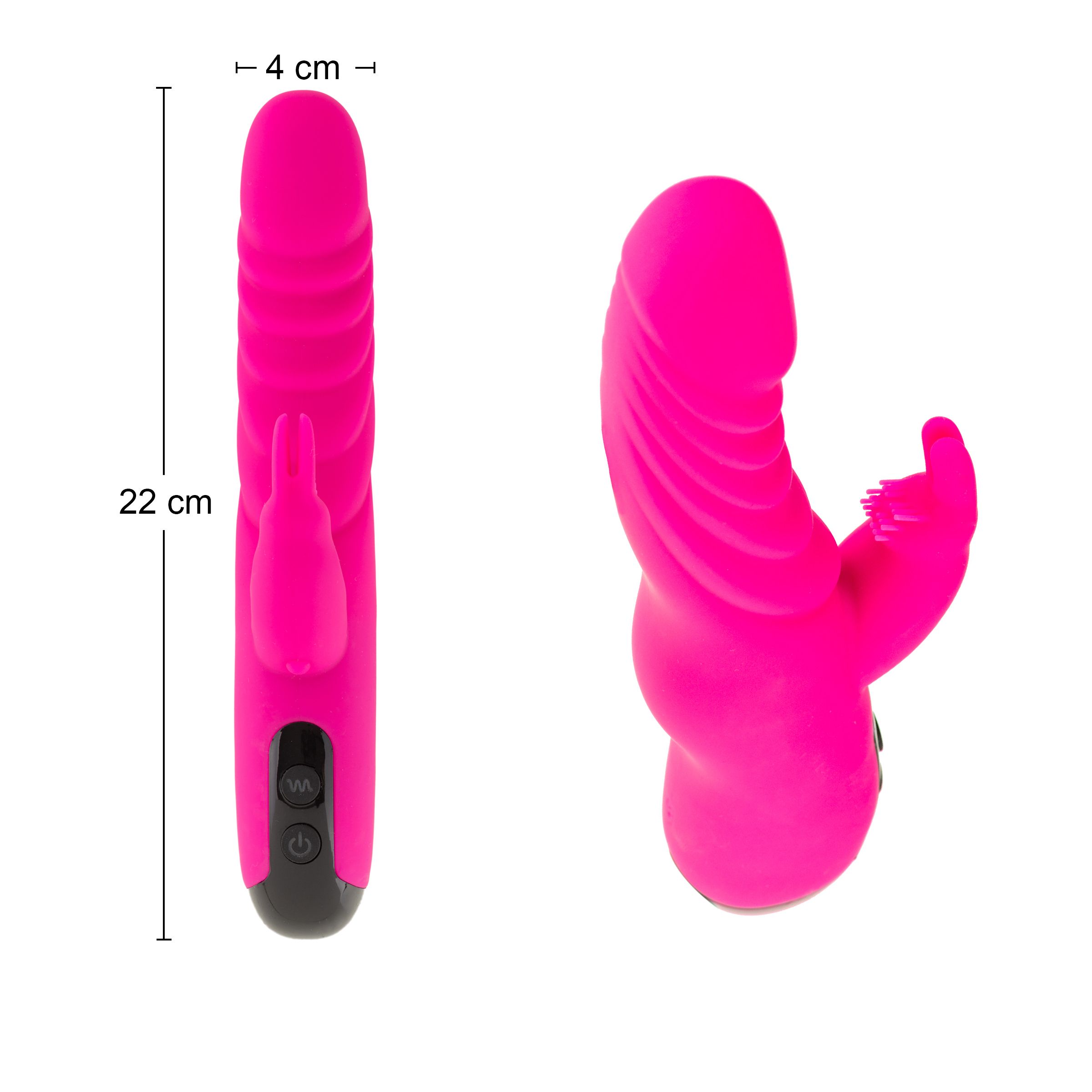 Deux vues d'un vibrateur rose. Dimensions : 22 cm de long, 4 cm de large. Avec design oreilles de lapin.