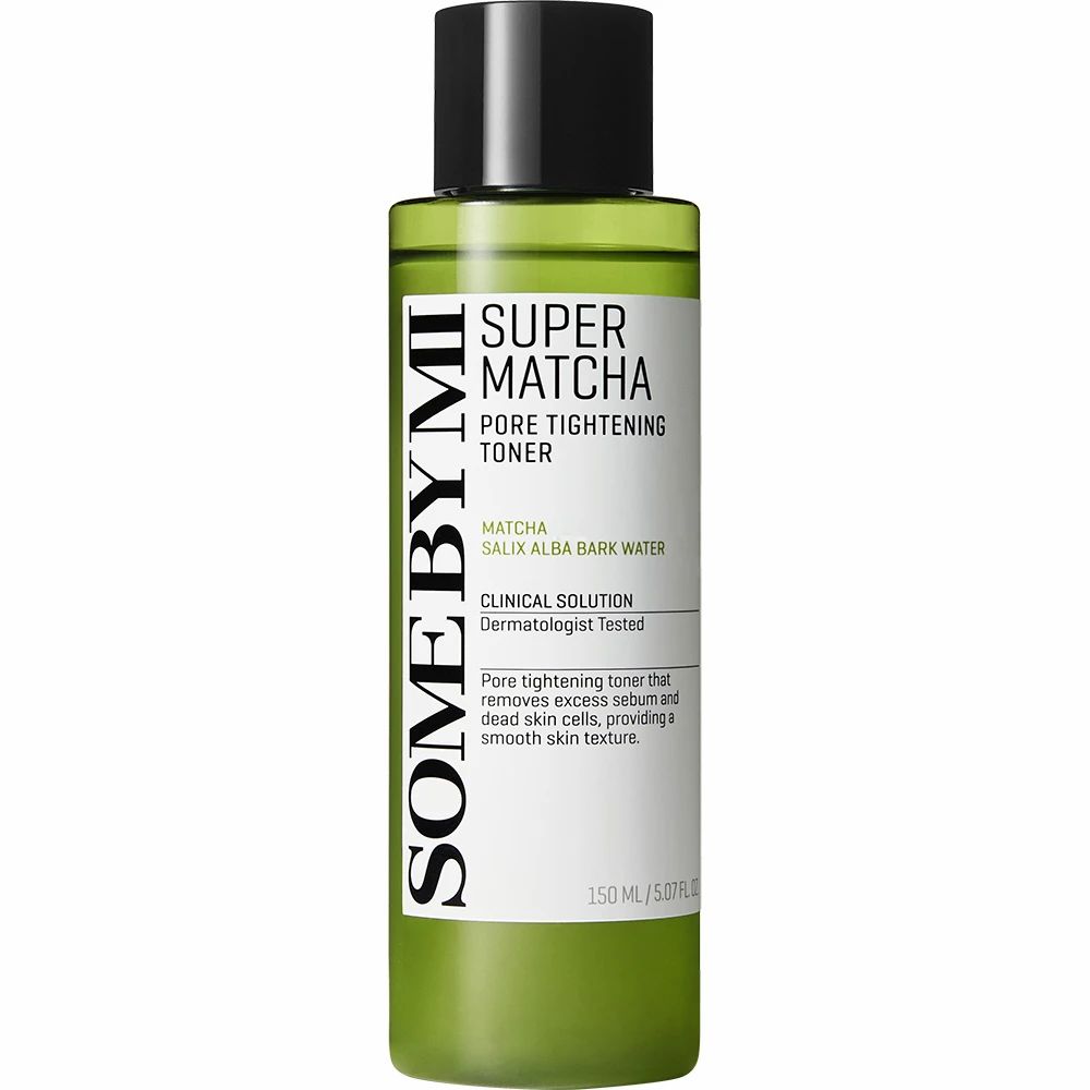 Groene fles SOME BY MI Super Matcha Pore Tightening Toner. Zwarte dop, witte tekst, 150 ml.