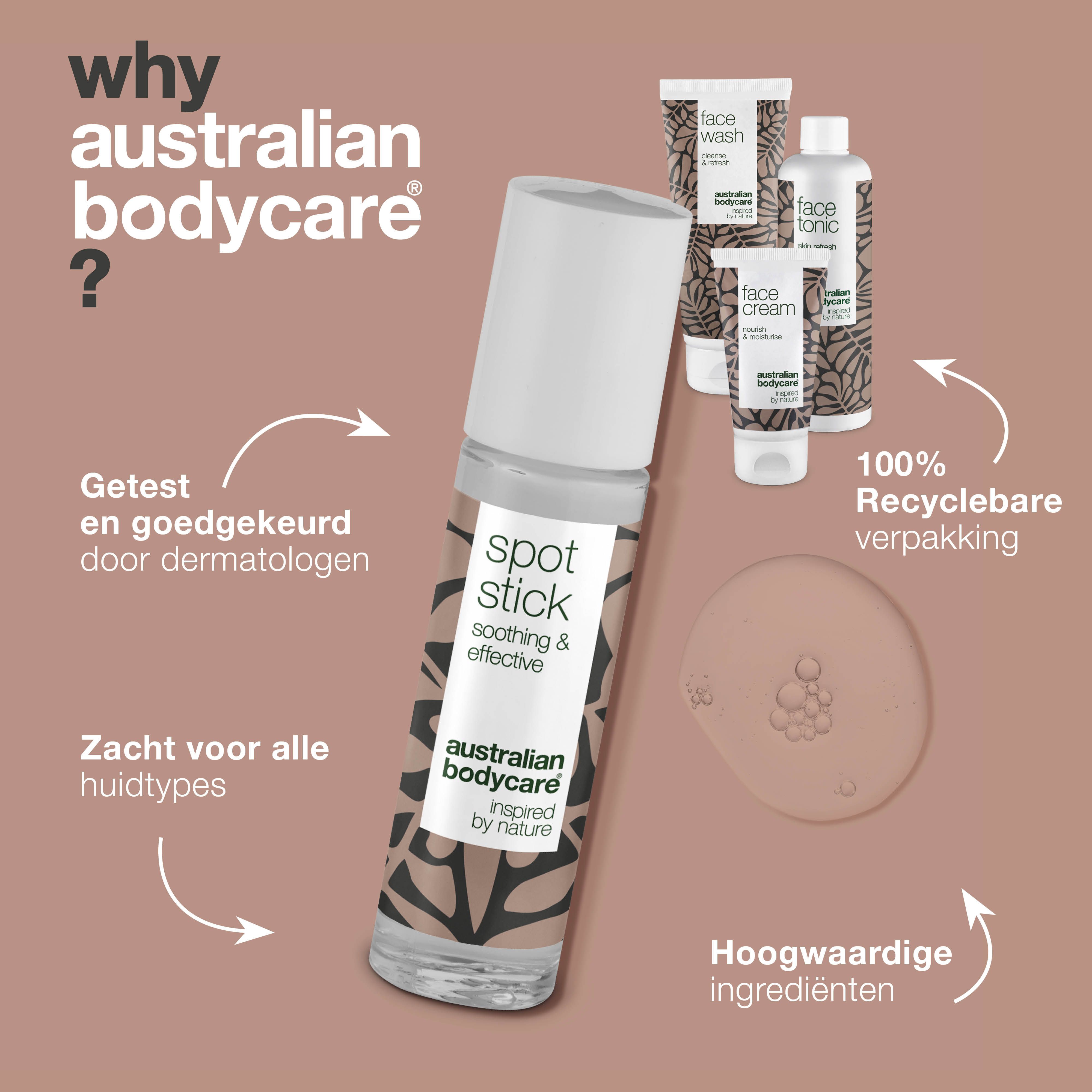 Spot Stick met tekst en logo. Producten: Face Wash, Face Tonic, Face Cream. Tekst over voordelen.