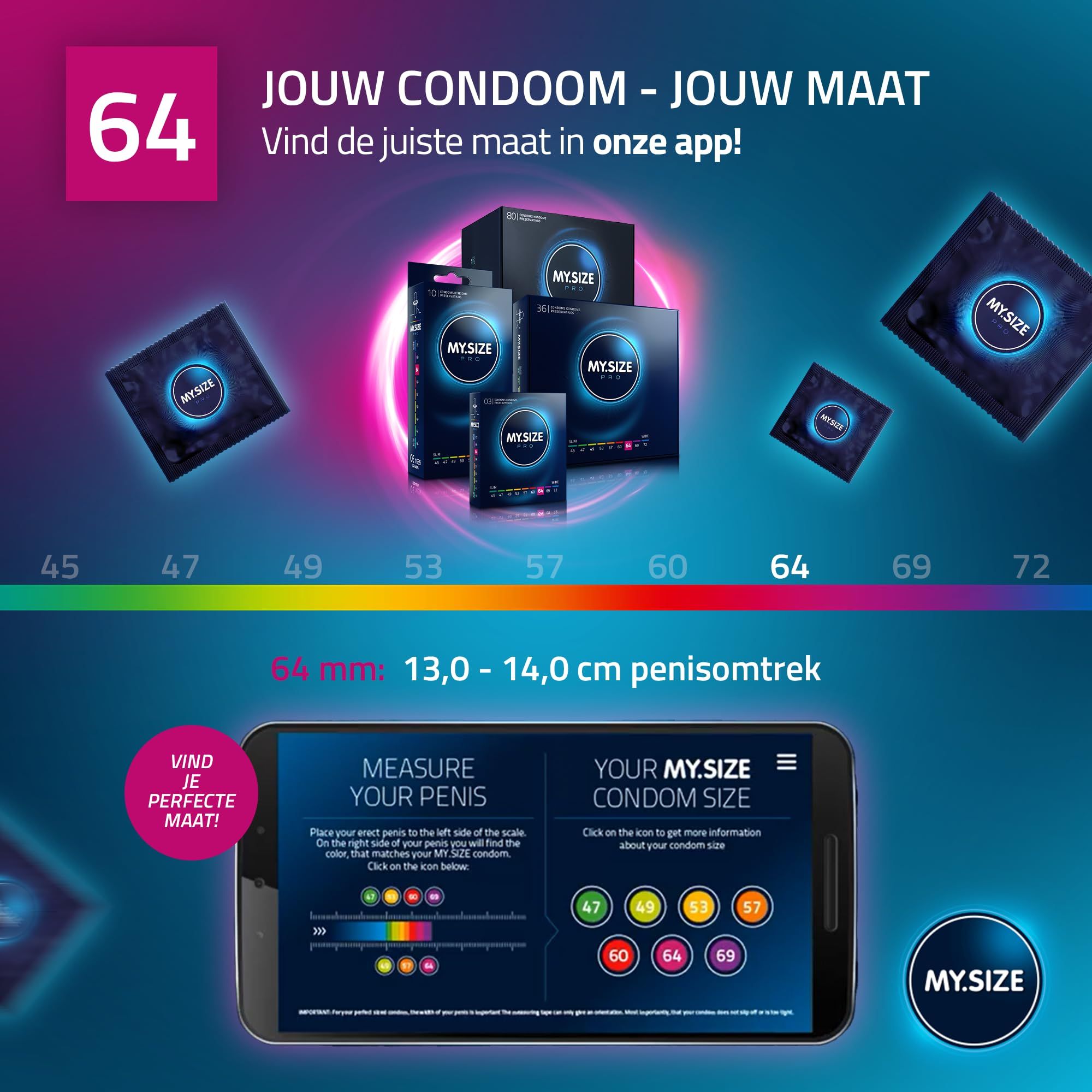 My.Size condoom blauw 64mm: Extra dun, Vyttex latex, geurloos, duurzaam, vegan, dierproefvrij.