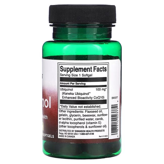 Arrière d'une bouteille Swanson Ubiquinol 100 mg avec informations nutritionnelles et ingrédients.