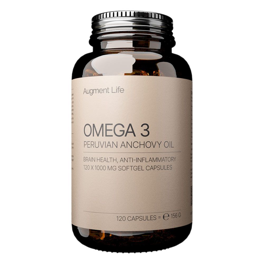 Bouteille en verre brun d'huile d'anchois Oméga 3 Augment Life. Contient 120 gélules de 1000 mg.