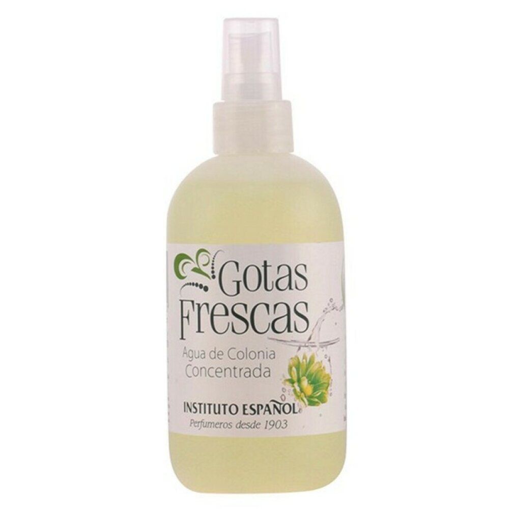 Witte sprayfles met heldere vloeistof. Opschrift: Gotas Frescas, Agua de Colonia Concentrada. INSTITUTO ESPAÑOL.