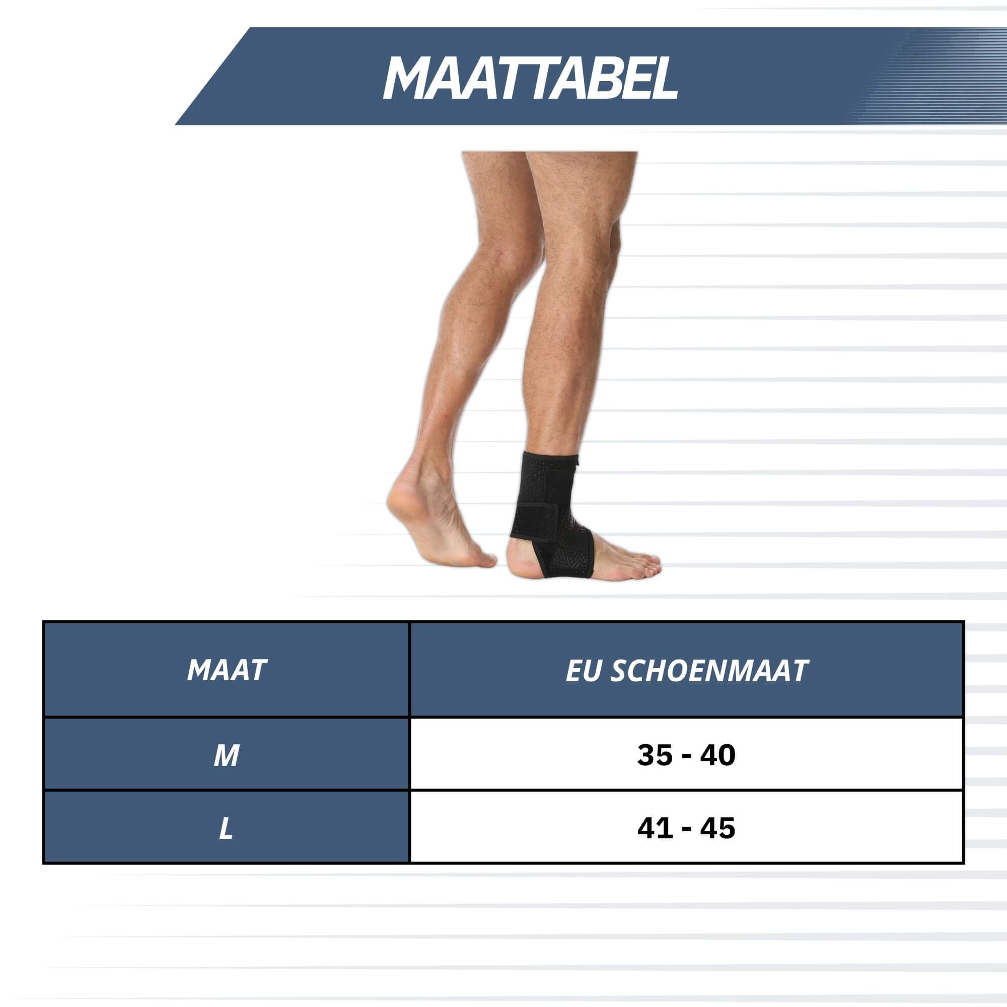 Maattabel voor een enkelbrace: maat M (35-40), L (41-45).