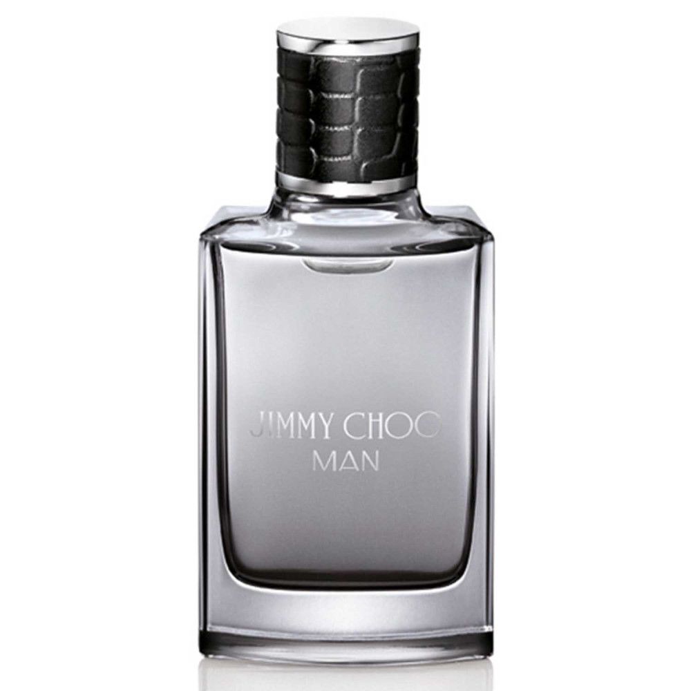 Jimmy Choo Man Eau de Toilette 30 ml. Grijze fles met zwarte dop. Tekst op de fles.