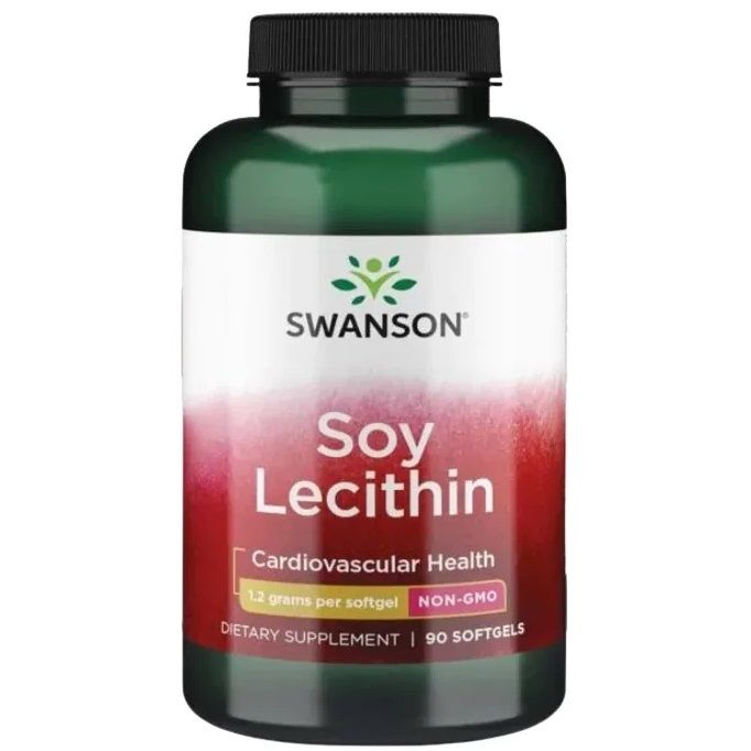 Flacon vert de SWANSON Soy Lecithin. Étiquette avec nom du produit, bienfaits et informations nutritionnelles. 90 gélules.