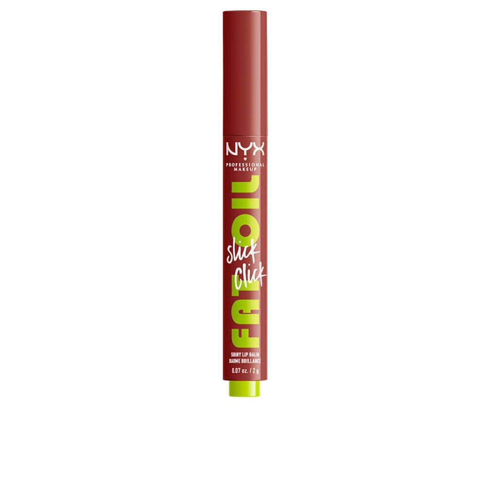 Bâton de baume à lèvres. Bâton rouge avec embout vert. Inscription: FAT OIL slick click. Marque: NYX Professional Makeup.