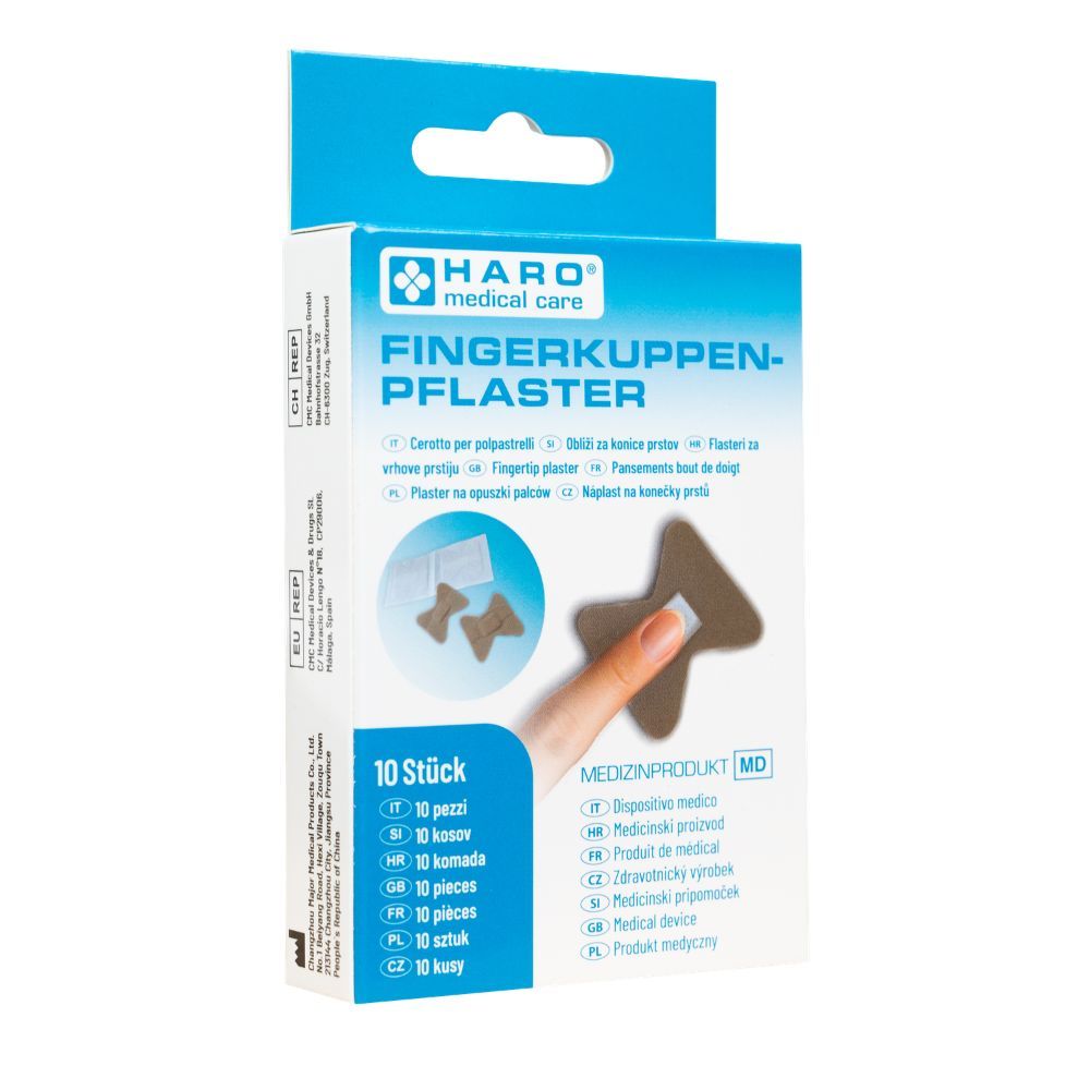 Haro vingerkuipjespleisters verpakking. Pleister op vinger. 10 stuks. Medisch hulpmiddel.