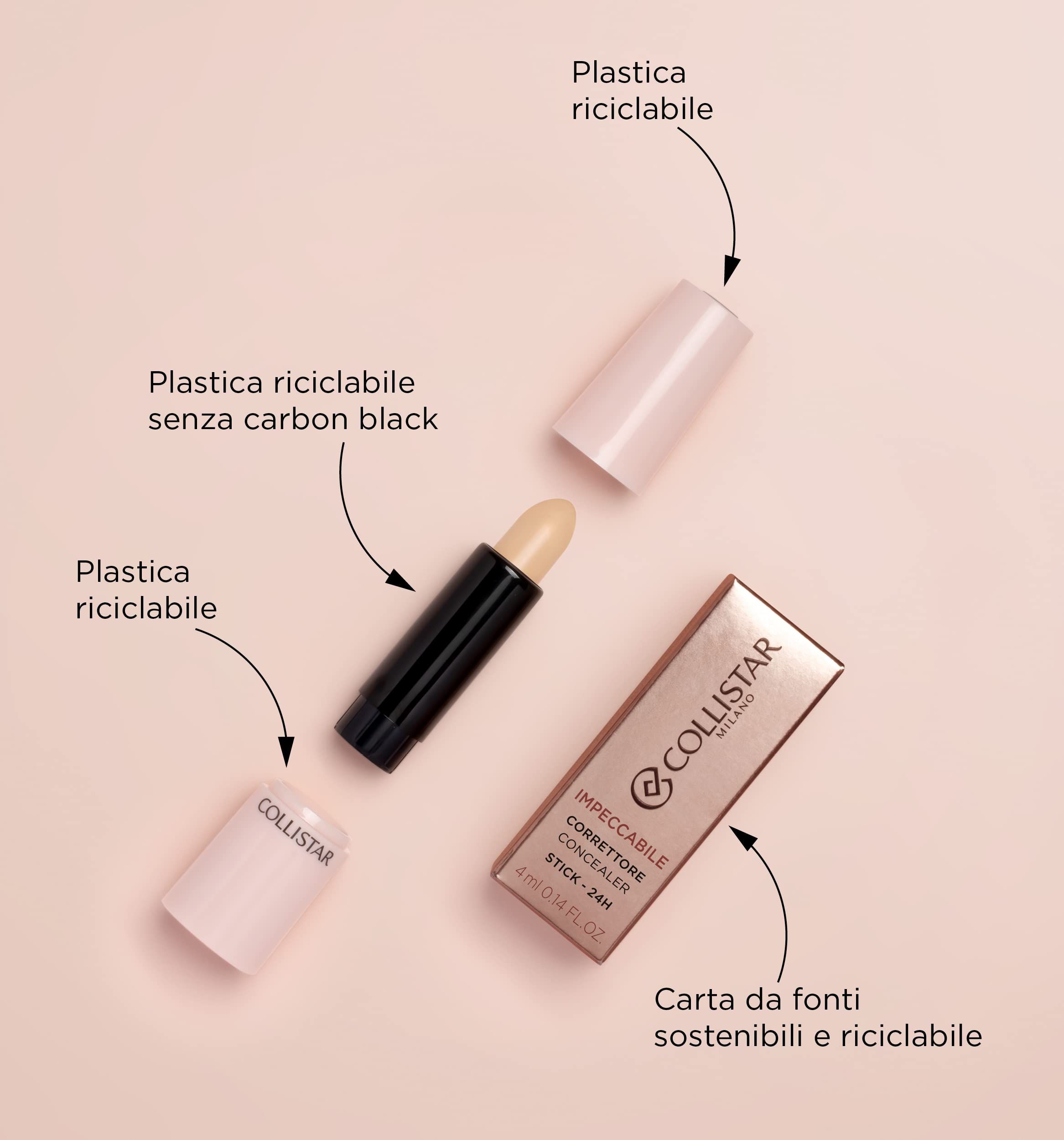 Stick correcteur ouvert et emballage. Inscription: Impeccabile Correttore Stick 24H. Emballage recyclable.