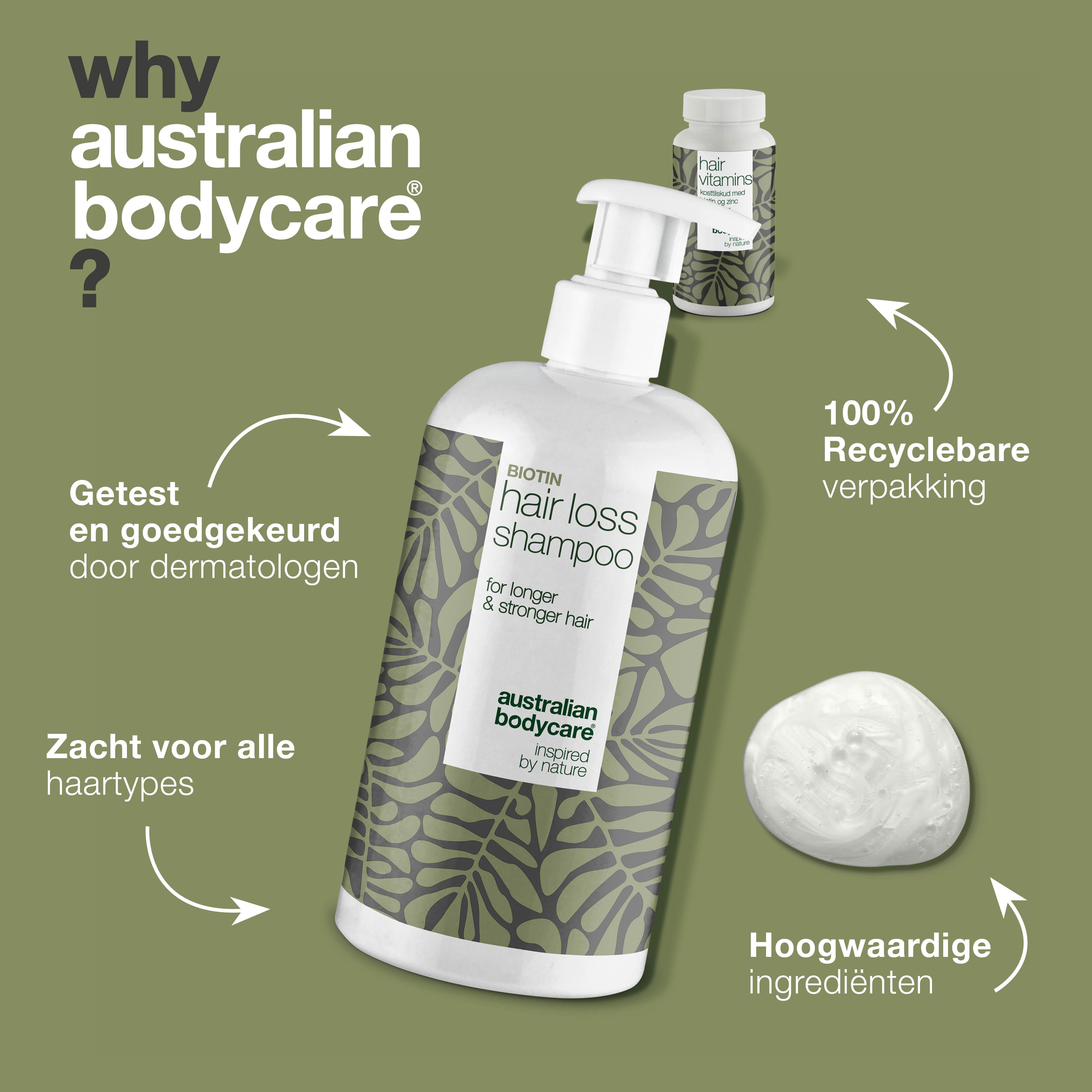 Shampoo- en vitamineflessen. Tekst: Hair Loss Shampoo, Hair Vitamins. Merk: Australian Bodycare. Extra elementen.