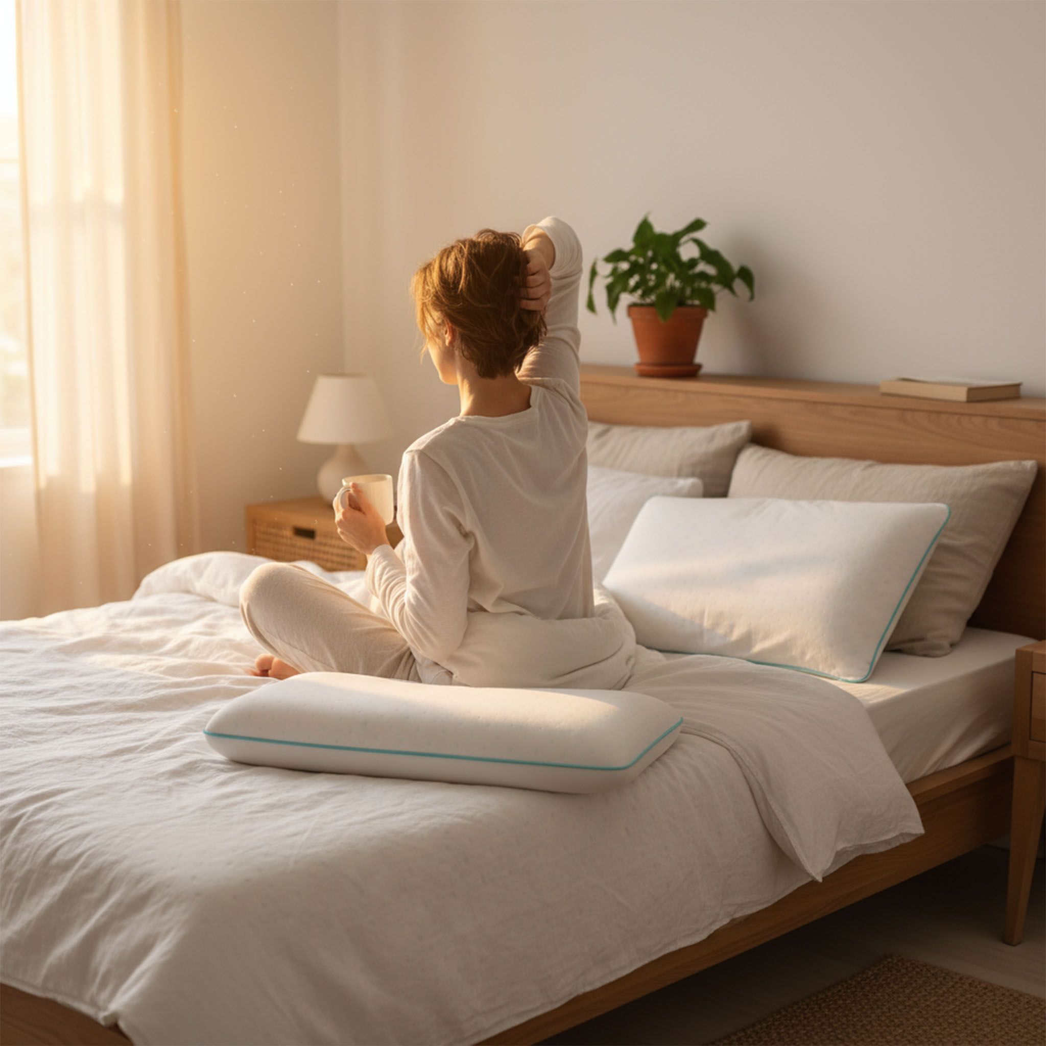 Vrouw zit op bed met kussen. Kussen met blauwe rand.