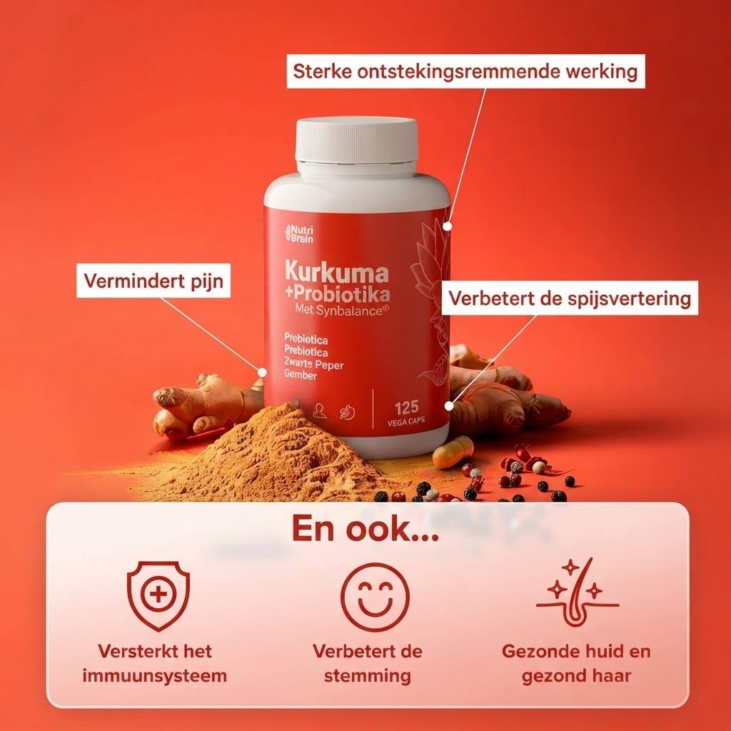 Fles Kurkuma + Probiotica met Synbalance, 125 Vegacaps. Gember en peper zichtbaar.