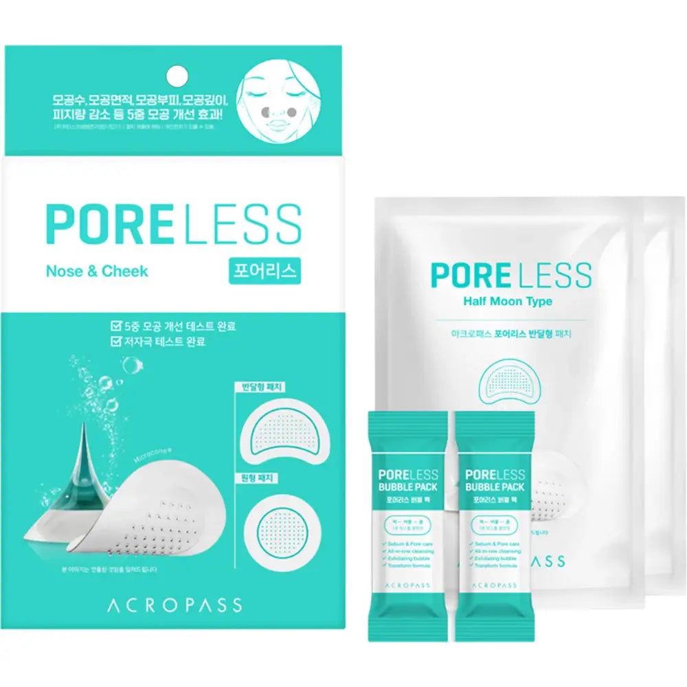 Paquet ACROPASS Poreless avec nom et logo du produit. Contient deux sachets et deux petits sachets. Texte en coréen.