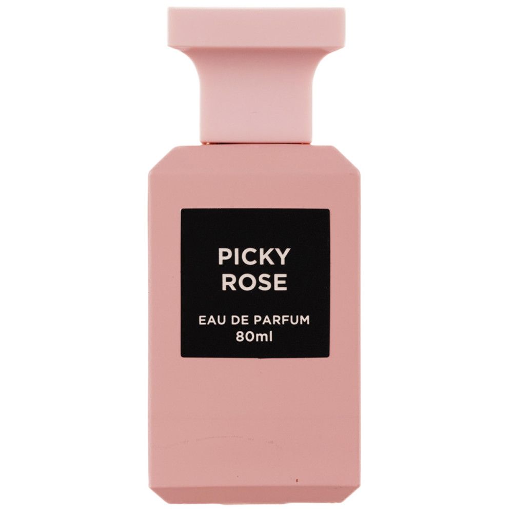 Flacon rose. Étiquette noire "Picky Rose Eau de Parfum". 80ml.