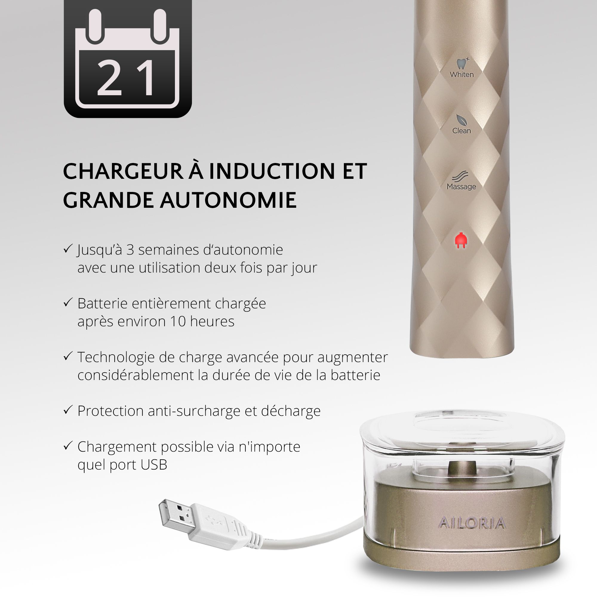 Brosse à dents dorée sur socle de charge. Charge inductive. Jusqu'à 3 semaines d'autonomie. AILORIA.