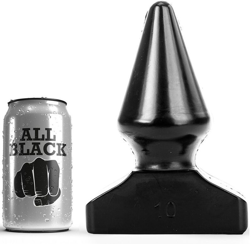 Zwarte, kegelvormige anale plug naast een blikje met zwart logo.