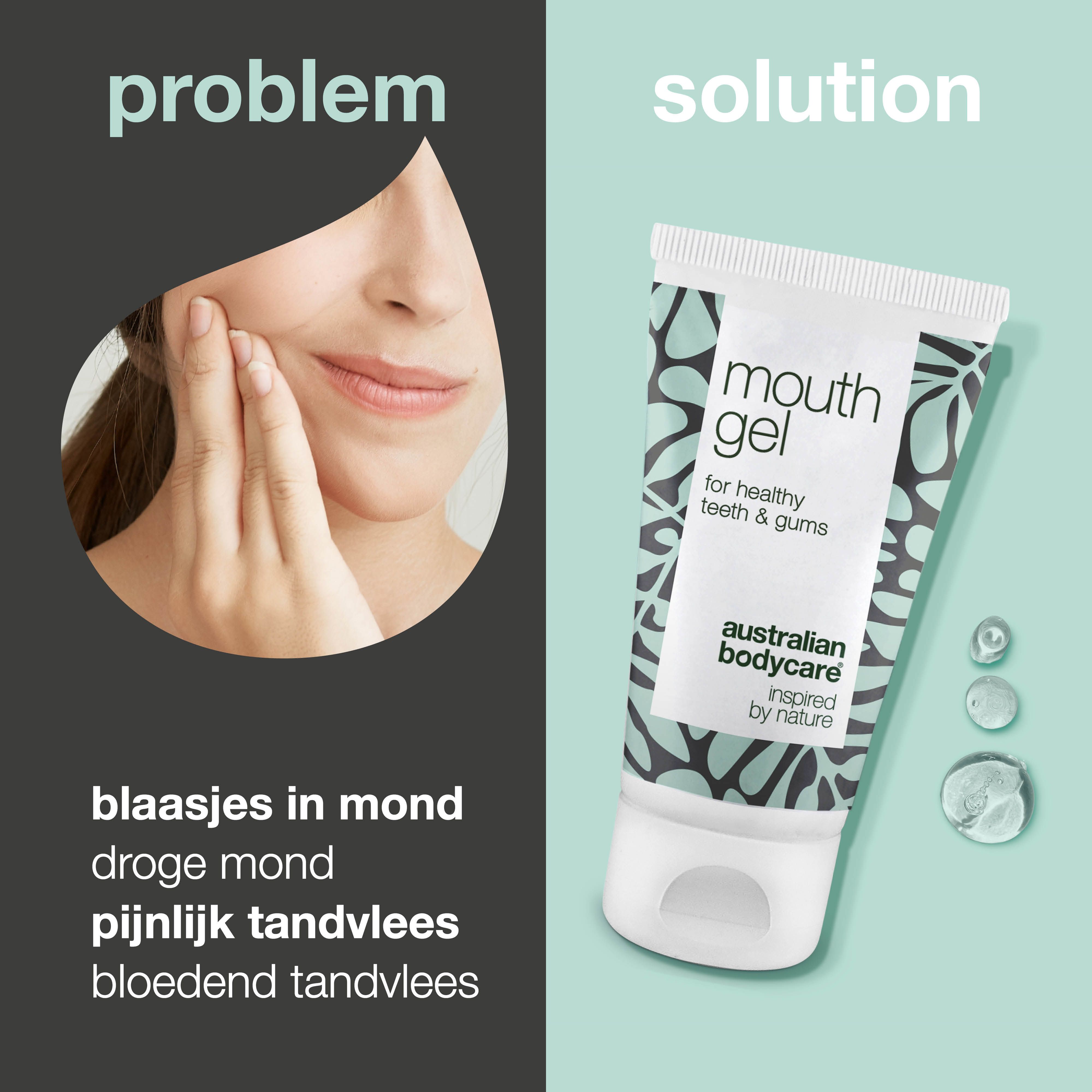 Reclamebeeld: probleem en oplossing. Mondgel-tube. Tekst: mouth gel, Australian Bodycare.