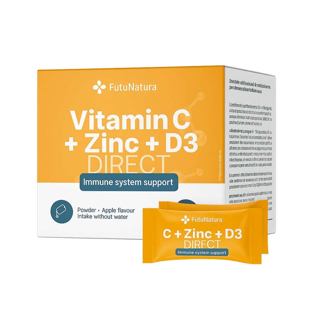 FutuNatura Vitamine C + Zink + D3 DIRECT verpakking en individuele zakjes. Oranje verpakking met witte tekst. Zakjes met productnaam.