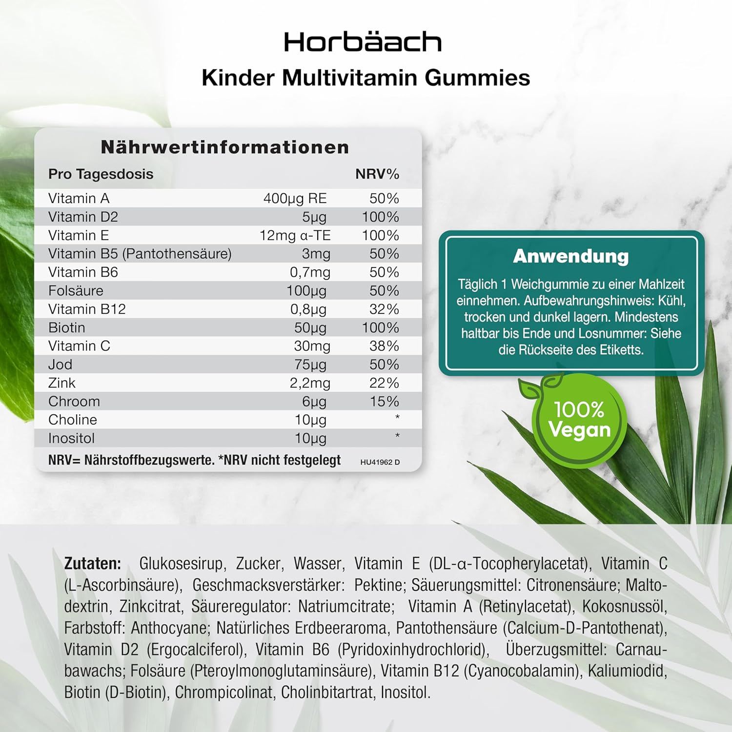 Horbaach Gommes multivitamines pour enfants. Informations nutritionnelles. Mode d'emploi: 1 gomme par jour. 100% végétalien.