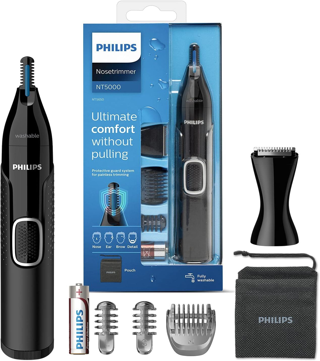 Philips Series 5000 neus- en oortrimmer. Zwart apparaat met accessoires, verpakking met productnaam en logo.