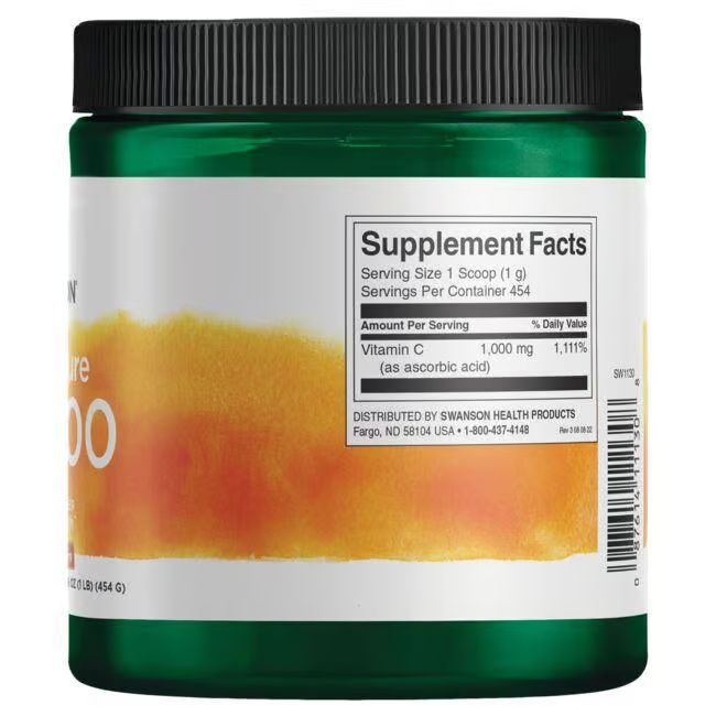 Pot vert avec couvercle noir. Dos avec informations nutritionnelles et texte de Swanson Health Products.