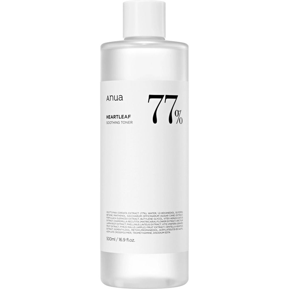 Grote witte fles met heldere vloeistof, witte dop. Opschrift: anua, 77%, Heartleaf Soothing Toner. Tekst onderaan.