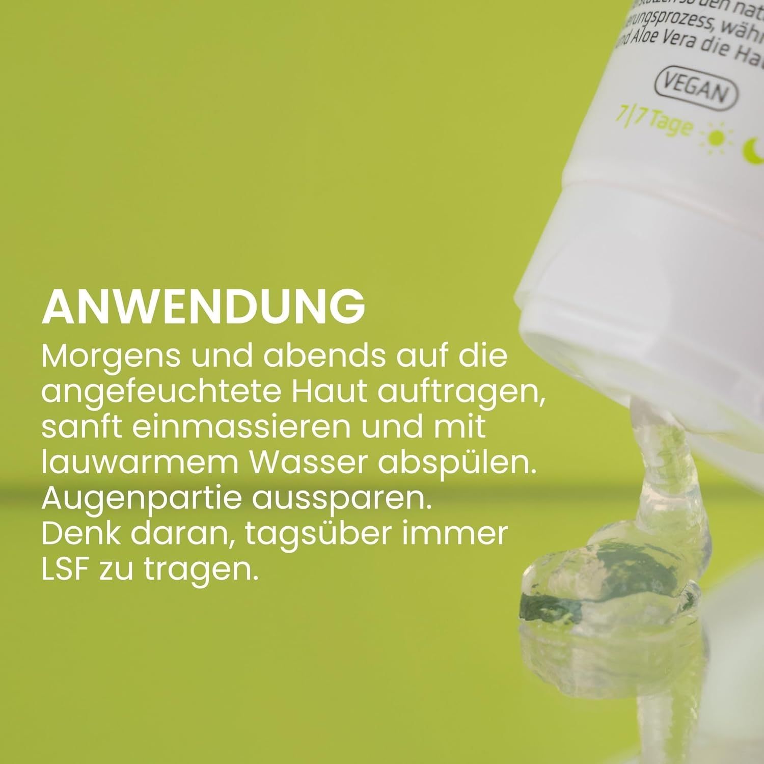Le gel nettoyant est versé d'un tube. Texte: "Application".