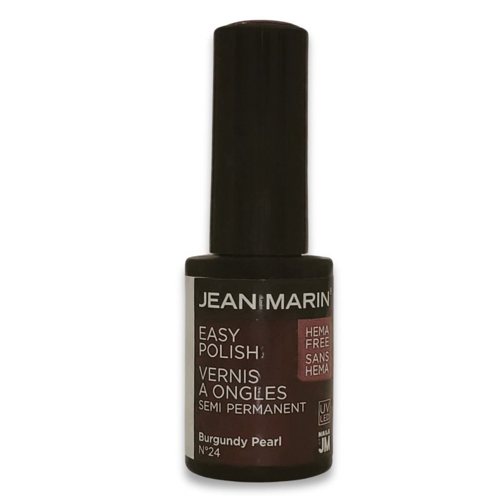 Flacon de vernis à ongles Jean Marin. Flacon marron foncé avec bouchon noir. Inscription: Easy Polish, Vernis à Ongles, Semi Permanent.