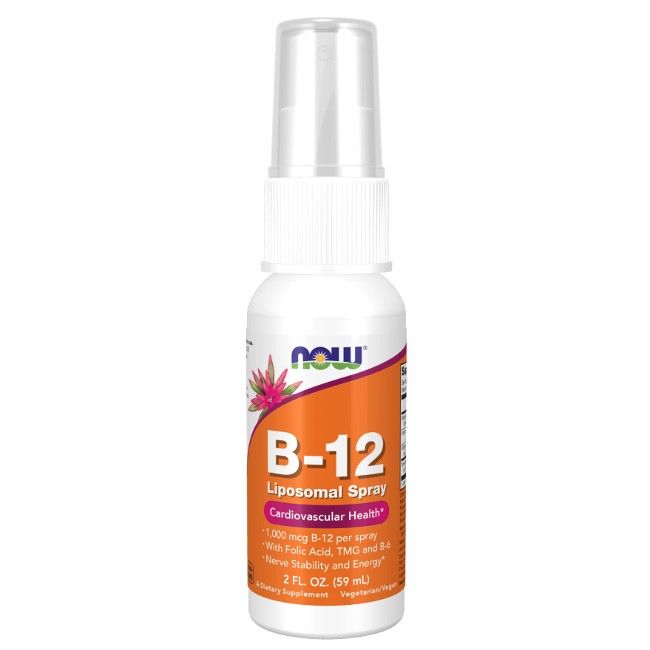 Flacon pulvérisateur blanc avec étiquette orange. Texte : B-12 Liposomal Spray. Contient des informations sur la santé.
