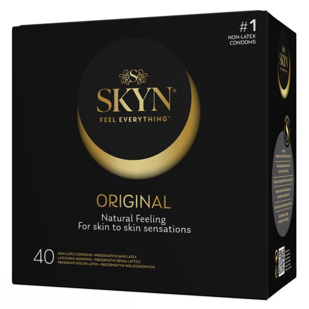 Zwarte verpakking SKYN Original, 40 condooms. Logo en tekst "#1 Non-latex condoms". Opschrift "Natural feeling for skin to skin sensations".