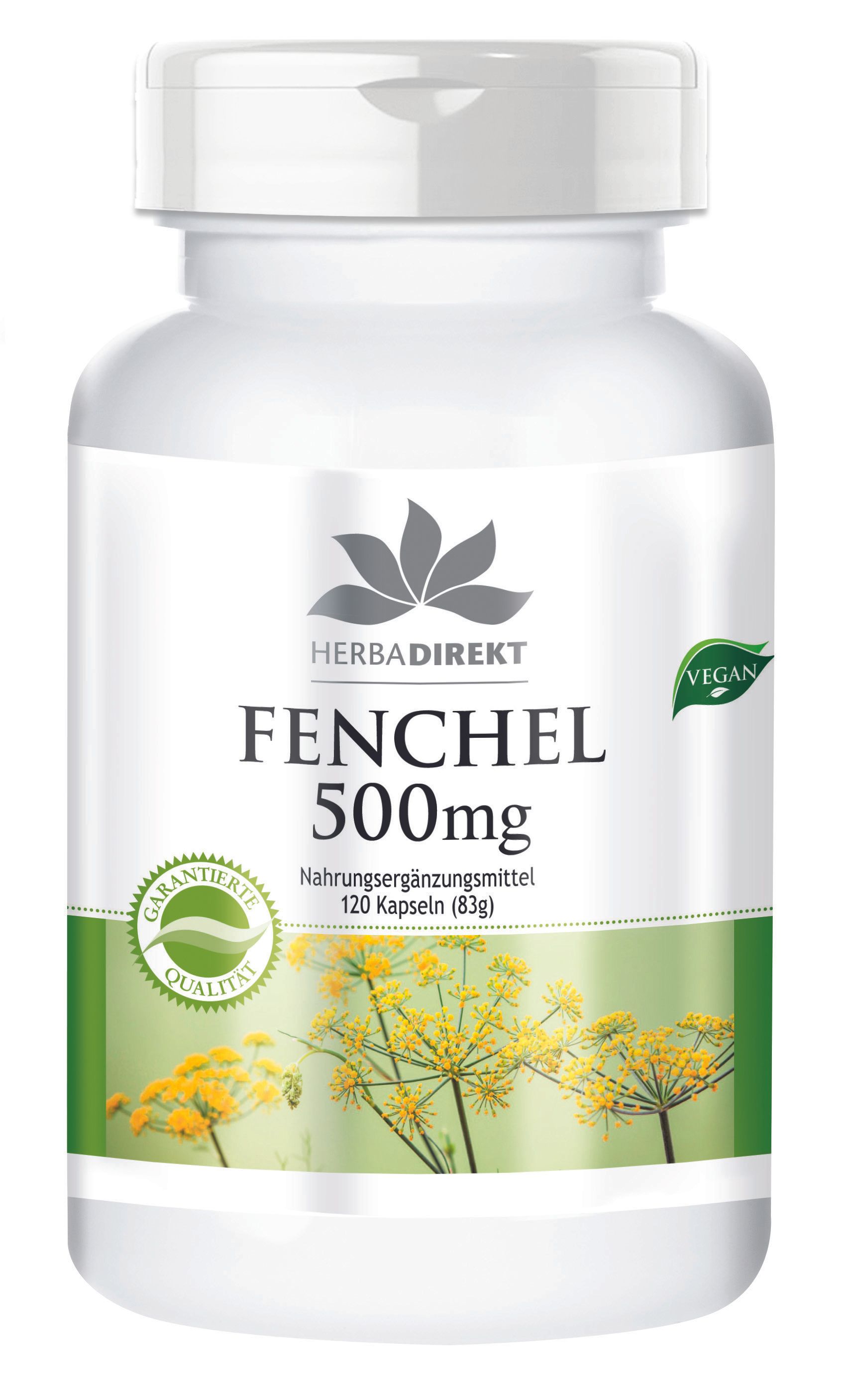 Flacon blanc, étiquette verte. Inscription: Fenouil 500mg, 120 gélules. Logo Herbadirekt. Sceau Qualité garantie. Label Vegan.