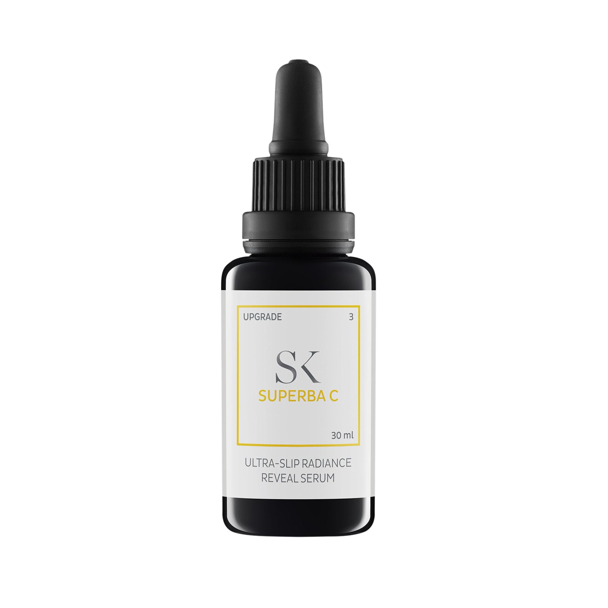 Zwarte fles met pipet. Op het etiket staat "SK SUPERBA C" en "ULTRA-SLIP RADIANCE REVEAL SERUM".