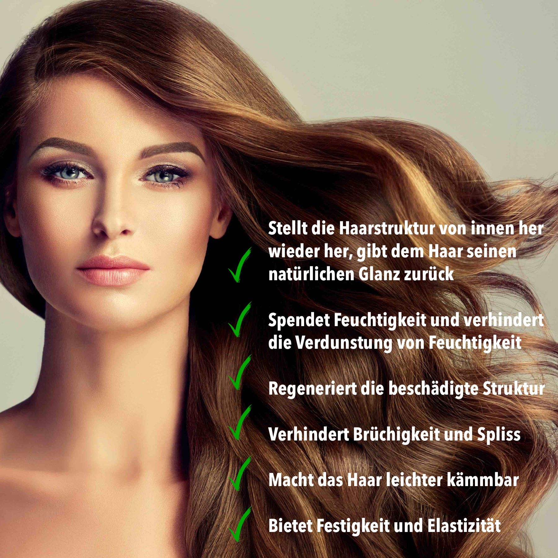 Femme aux cheveux bruns. Texte: Restaure la structure capillaire, donne de l'éclat, hydrate, prévient les pointes fourchues, facilite le coiffage.