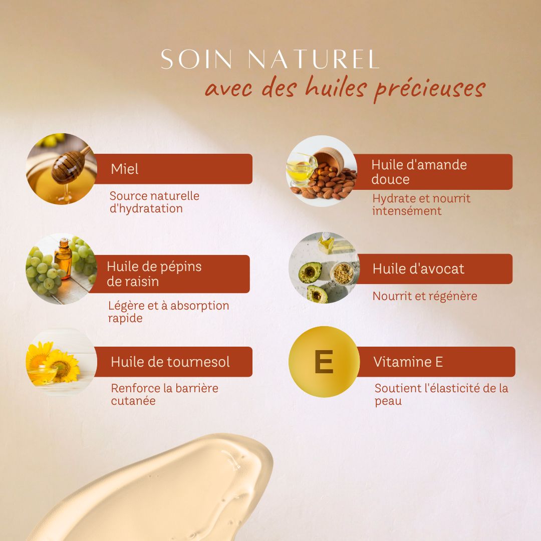 Femme appliquant de l'huile corporelle sur sa jambe, près d'une bouteille et de listes.