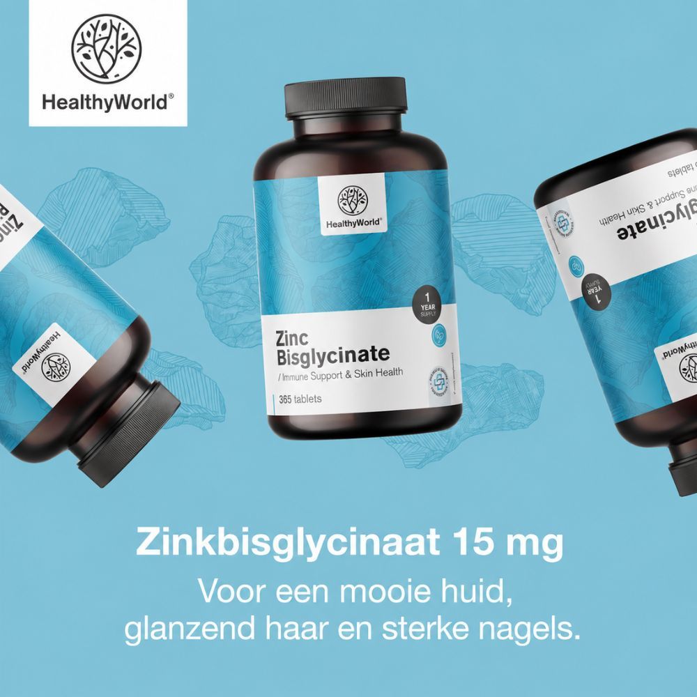 Drie flessen Zink Bisglycinaat 15 mg voor mooie huid, glanzend haar en sterke nagels.