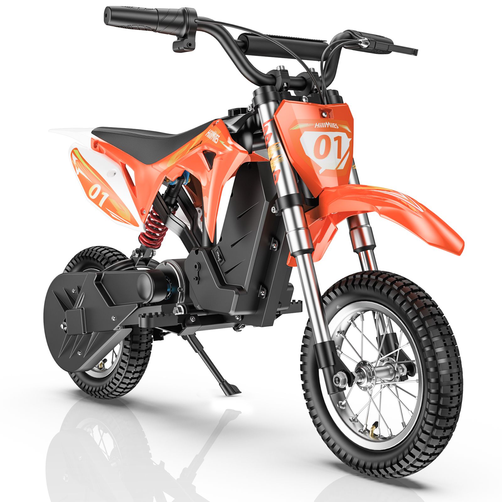Oranje elektrische crossmotor voor kinderen. Zwarte banden, stuur en zadel. Witte en zwarte details. Nummer 01.